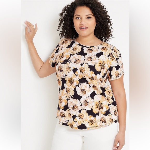 Maurices Plus Size Meadows Floral Tulip Sleeve Tee Black Yellow Floral Blouse XL - Picture 1 of 8